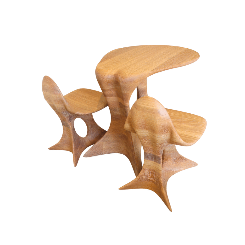 Aphrodite sculptural solid wood table and chair collection.